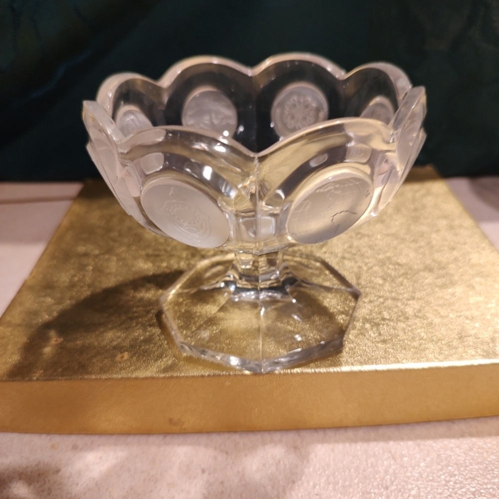 Fostoria clear depression stem pedestal glass compote, decorated frosted 8 coins